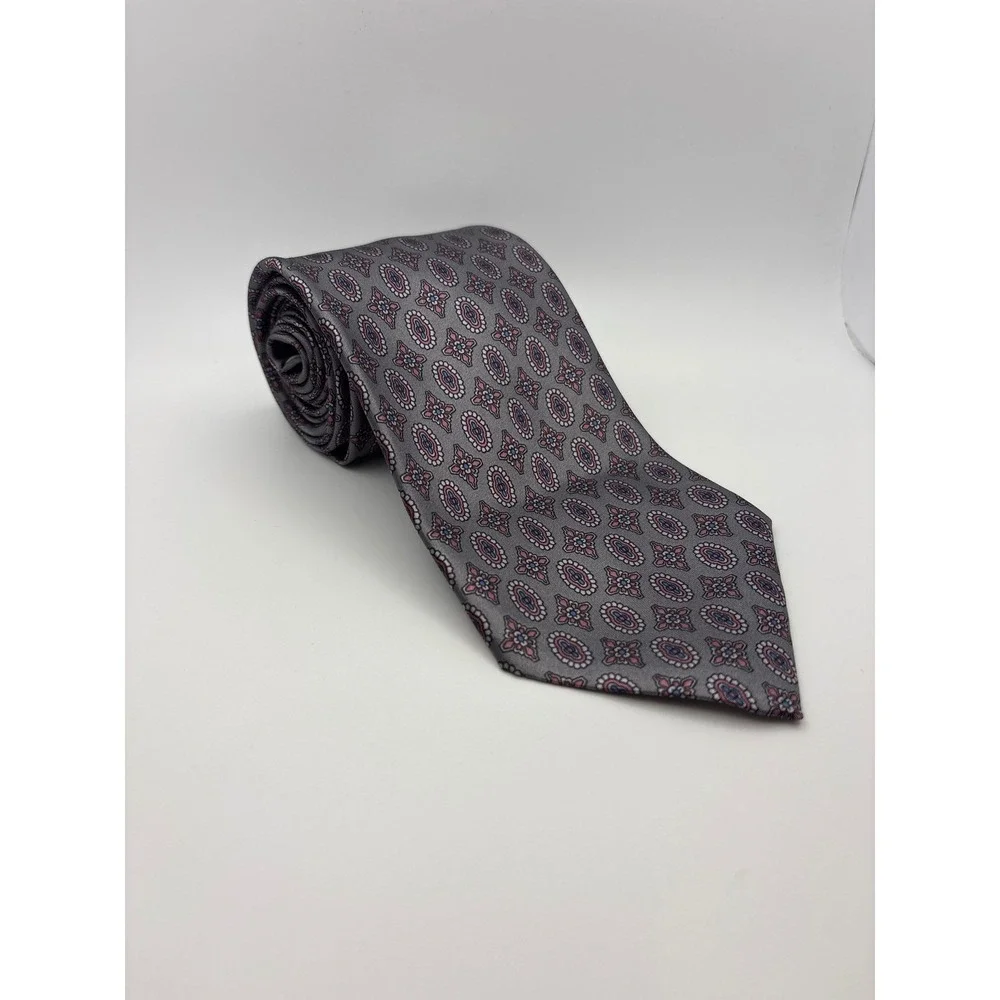 Adolfo Mens Silk Geometric Medallion Necktie Grey Burgundy Blue Classic Tie